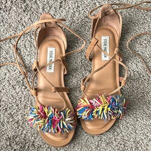 Steve Madden Tan Multicolor Pom-Pom Women's Sandals